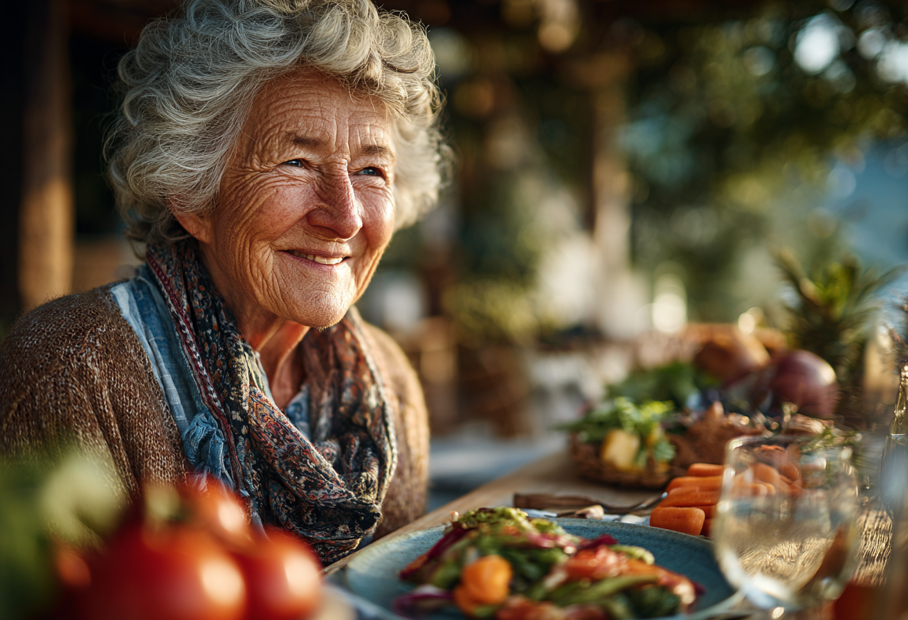 Група активних старших людей насолоджується здоровою їжею